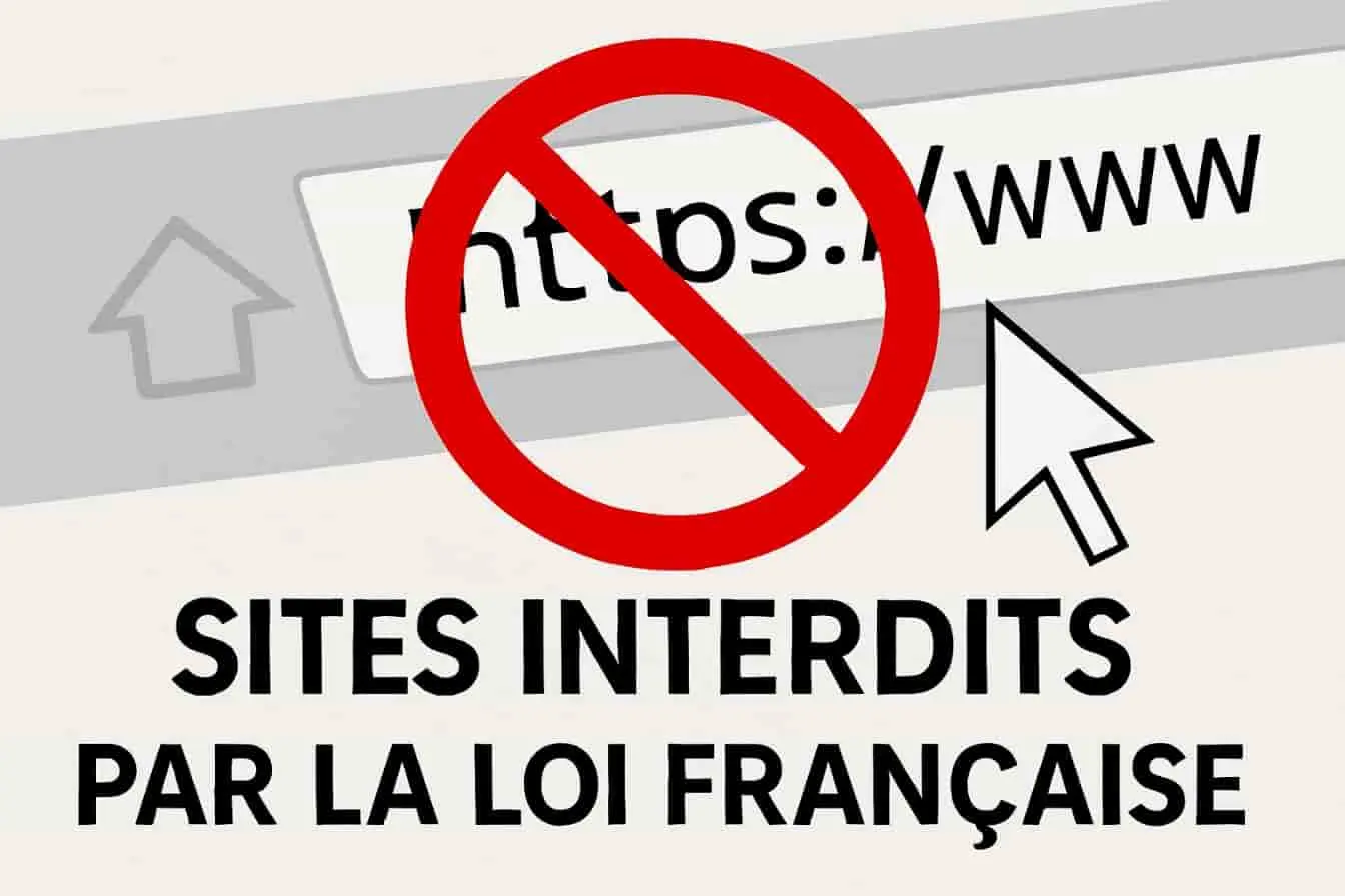 Illustration d’un navigateur bloqué par un symbole d’interdiction, représentant les sites web prohibés par la loi française.