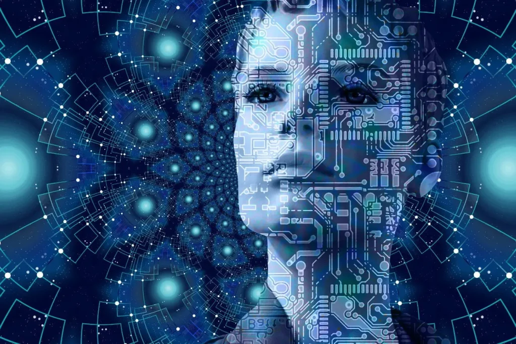 Visage humain fusionné avec circuits lumineux bleus, image qui illustre le rôle du RAG en intelligence artificielle pour relier données et raisonnement.