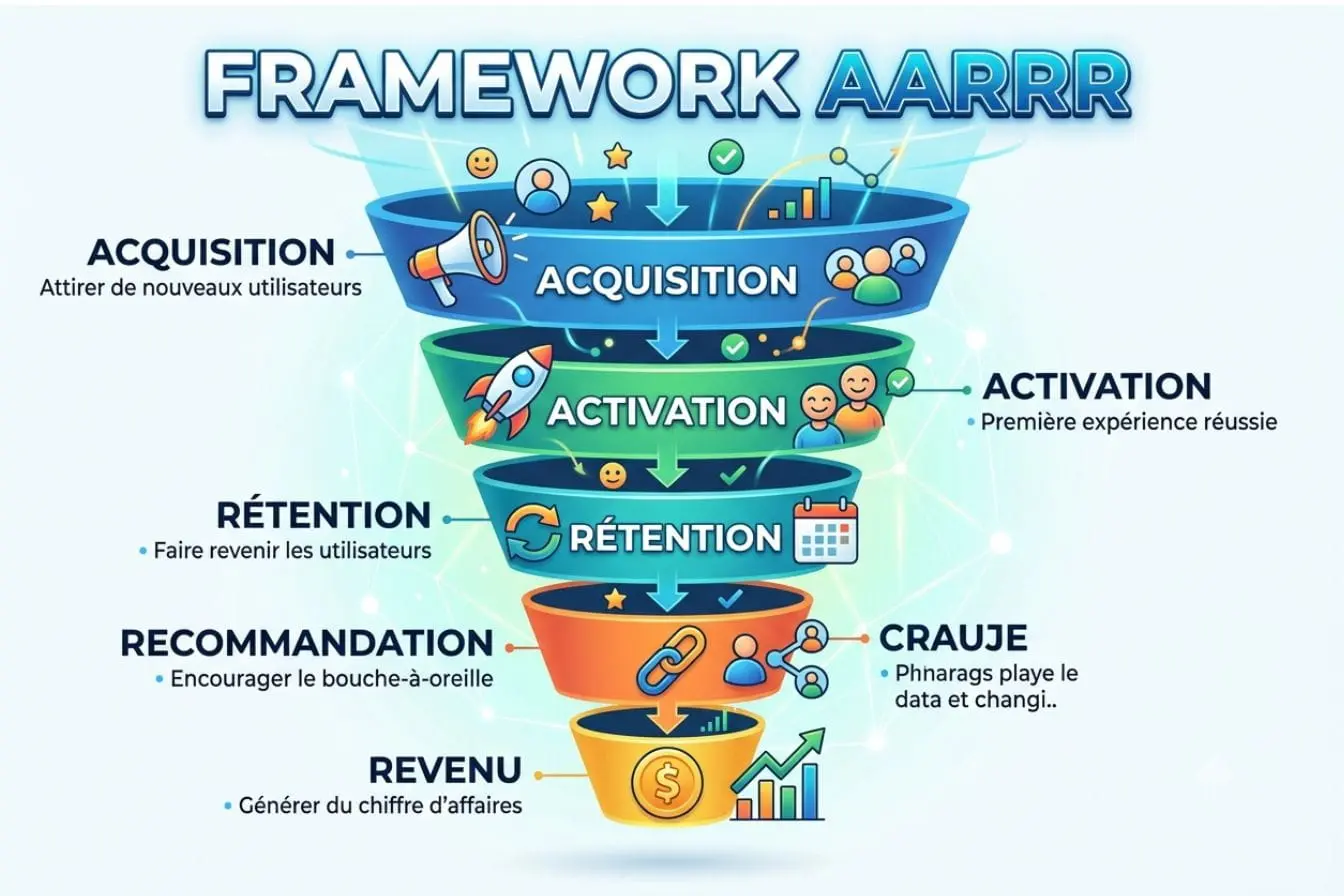 framework AARRR Infographie colorée en entonnoir présentant acquisition, activation, rétention, recommandation et revenu, image qui illustre le framework AARRR.