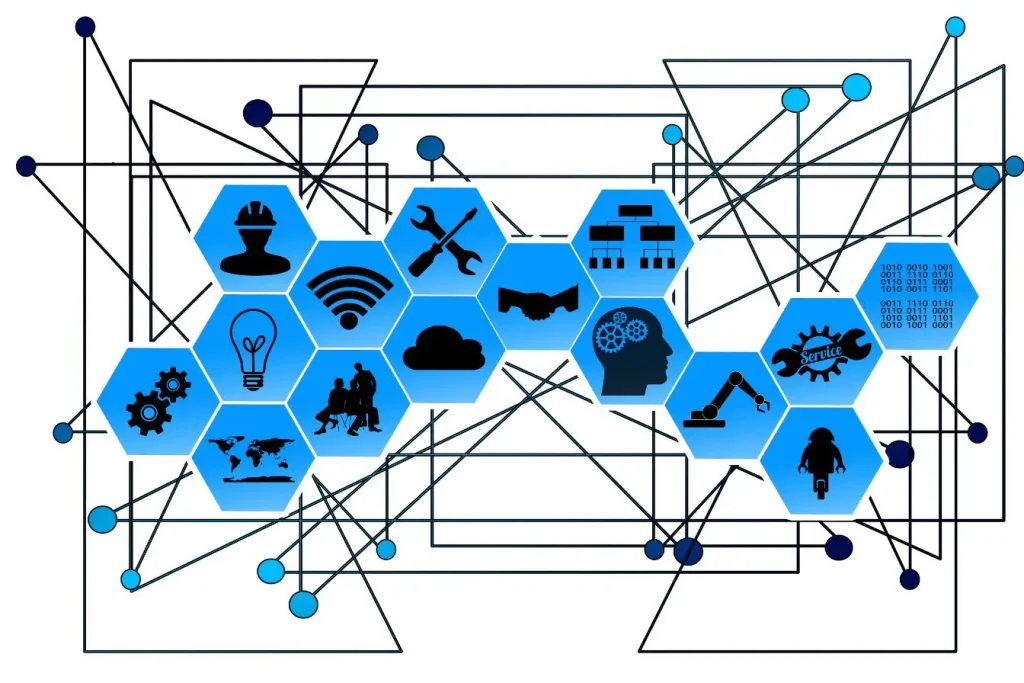 Réseau d’icônes hexagonales bleues reliées, symbole des échanges entre API et webhook dans les systèmes numériques.