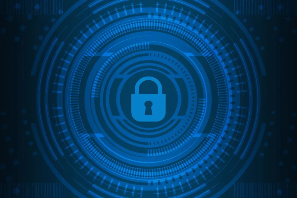 Illustration numérique avec cadenas central entouré de cercles bleus, symbole des menaces de ransomware en entreprise.